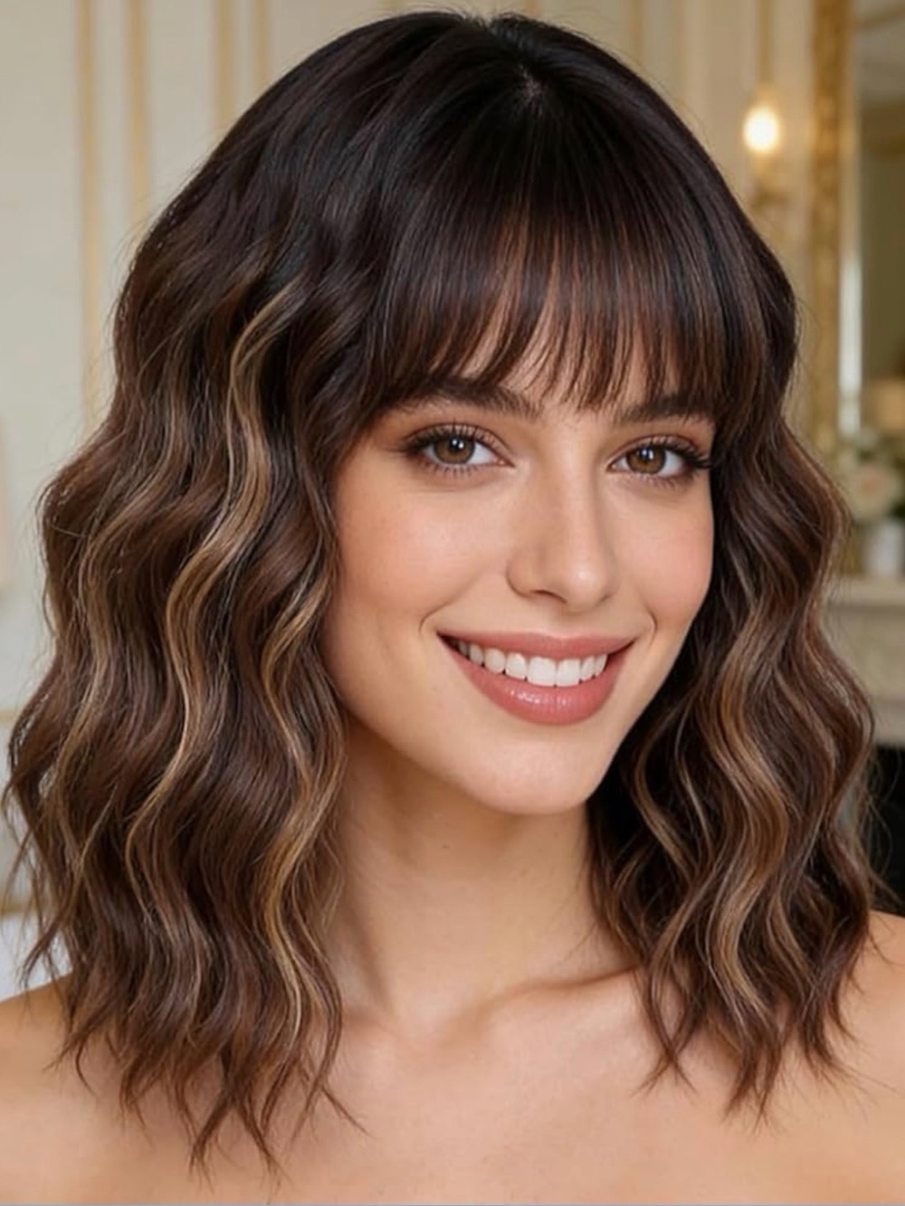 Wavy Layered Women’s Hair Wig with Bangs - Brown with Blonde Highlights